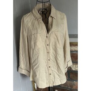 Emily Daniels Top Women's Size L Beige Linen Blend Button Up Blouse Casual